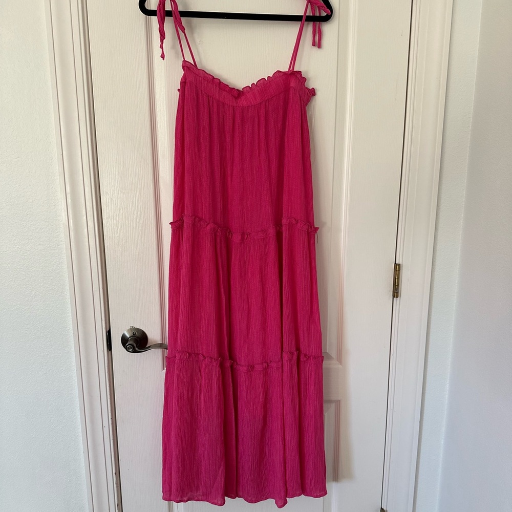 &MERCI Women’s Pink Shoulder Tie Tiered Boho Maxi Dress